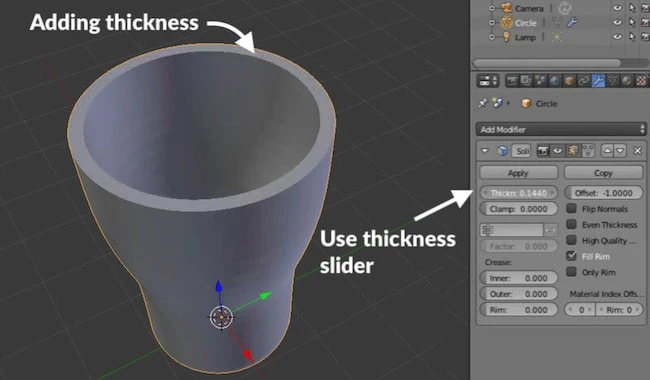 adding thickness using solidify modifier on Blender