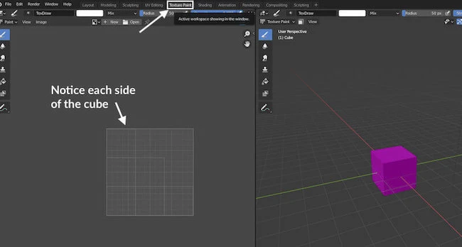 Accessing blender's texture paint panel