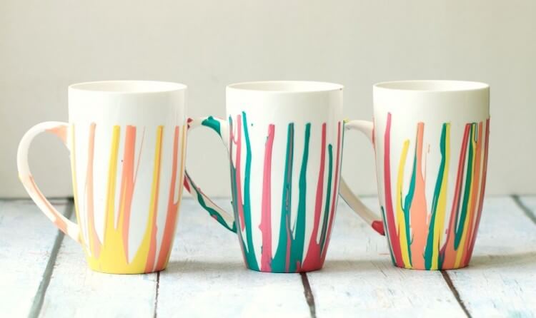 3 tall ceramic mugs with upside down acrylic paint drip effect