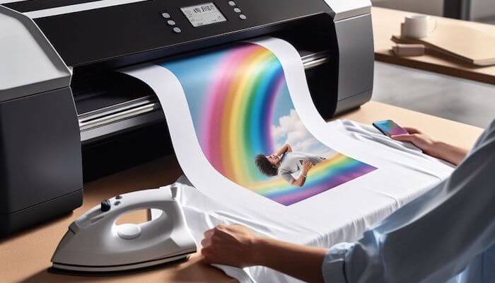 illustration of printer printing on transfer paper and the paper orphaning into a t-shirt