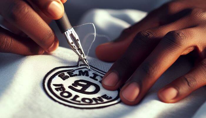 man removing embroidery thread that makes up a logo on a shirt