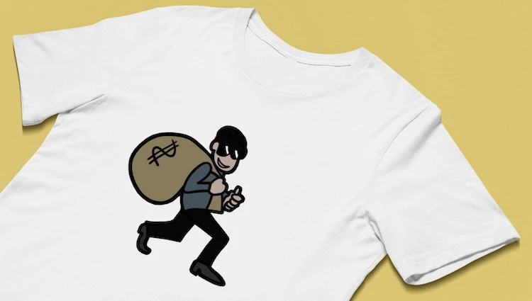 White t-shirt with a robber carrying a bag full of money - a representation of copyright infringement