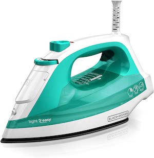 Standard iron with temperature settings and spray that's green and white in color.
