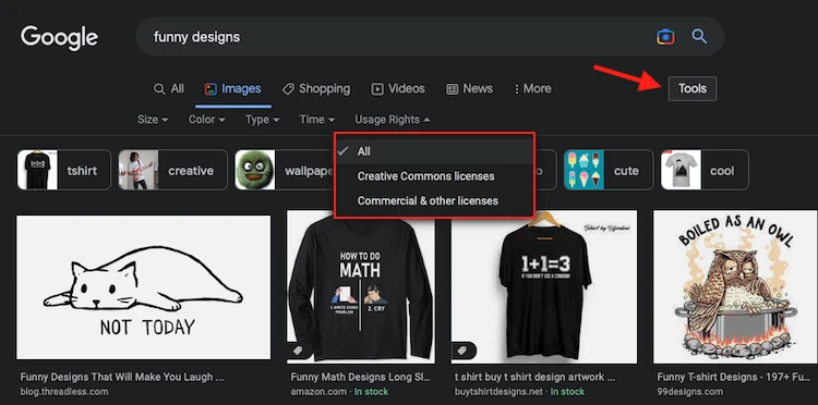Screenshot showing how to use Google to find royalty free and creative commons images for your designs