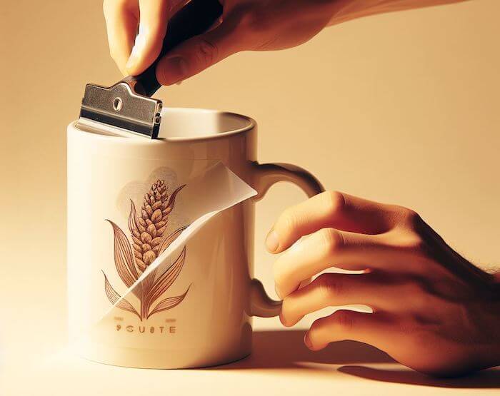 Vinyl being applied on mug using transfer paper