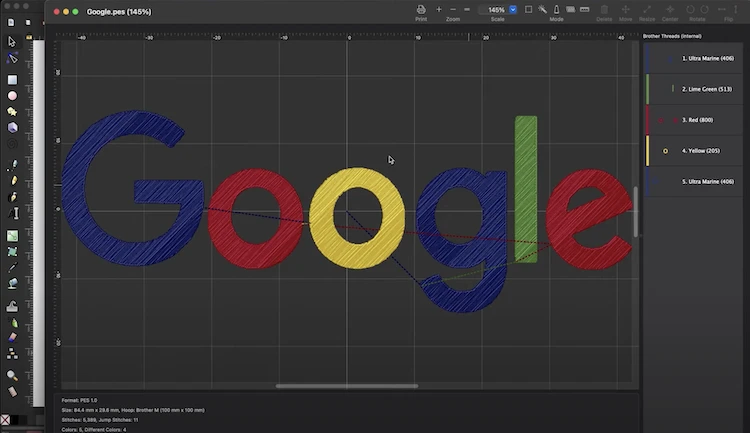 A png file of the Google logo being converted into a digitized design using StitchBuddy. This allows embroidery machines to understand how to sew the design. 