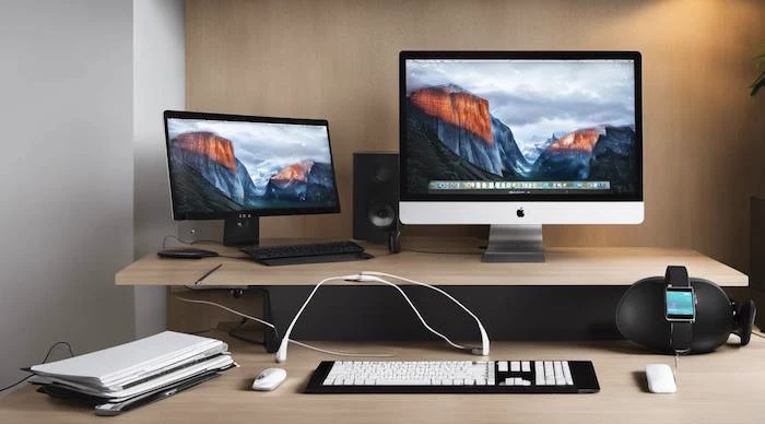 Dual monitor on desktop and speakers