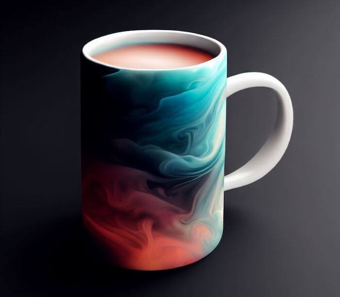 Sublimation of colourfully smokey design on exterior of coffee mug