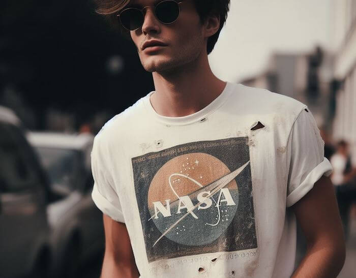 Young man wearing aged t-shirt with discoloured NASA logo 
