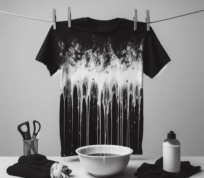 black t-shirt hung on clothes line having just received the acid treatment