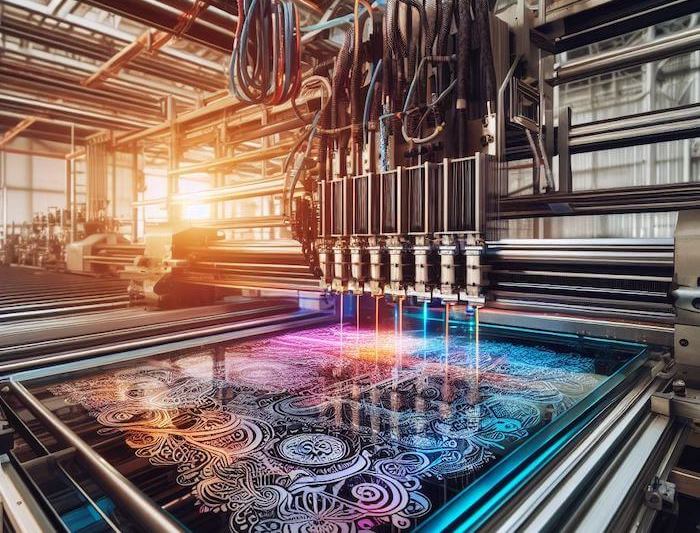 Illustration of machine printing on top of a glass panel.