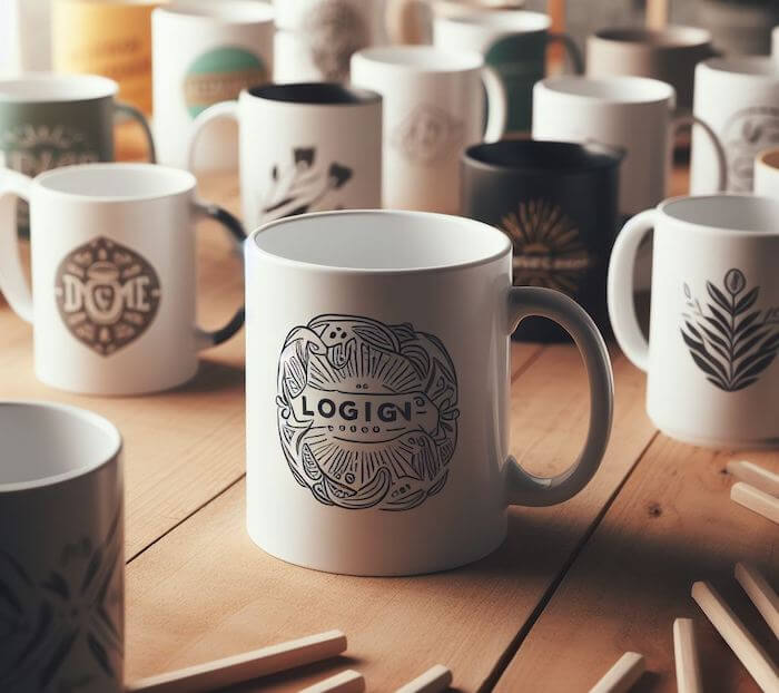 several mugs on a table with different design methods applied