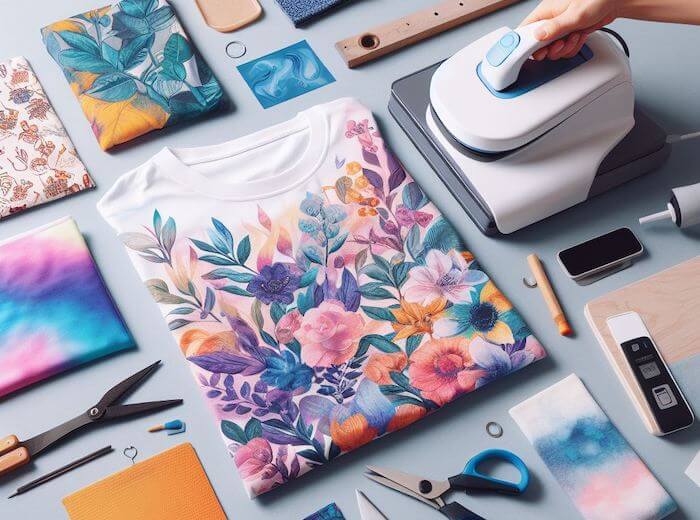 illustration of various t-shirts with sublimation designs on them