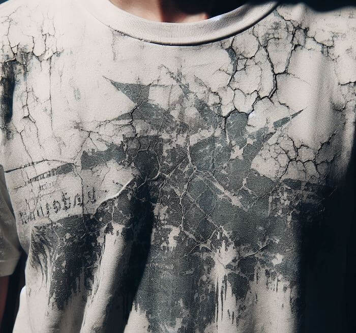 Very old t-shirt worn by man with cracks in design