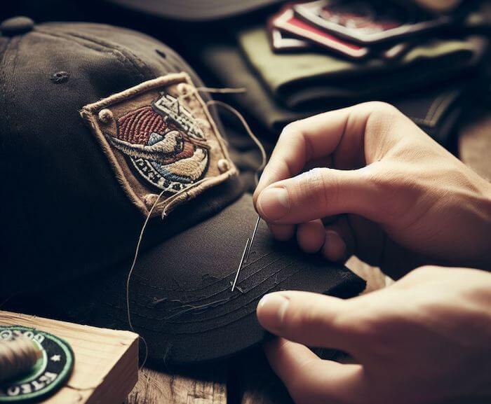 Man sewing a patch on black baseball cap