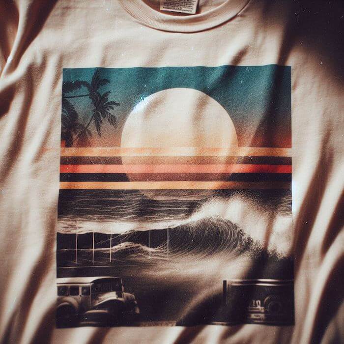 retro 1970s white t-shirt with a California sunset and beach feel!