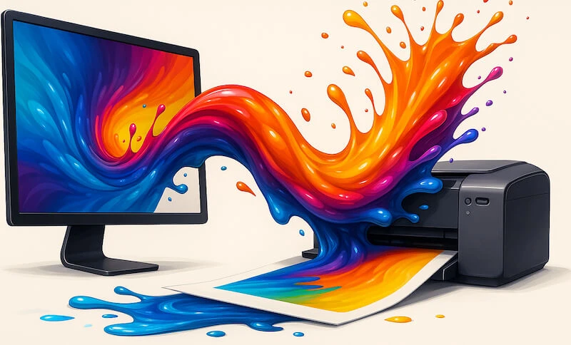 Color flowing from a display to a printer, showing how tones stay consistent from digital design to final output.