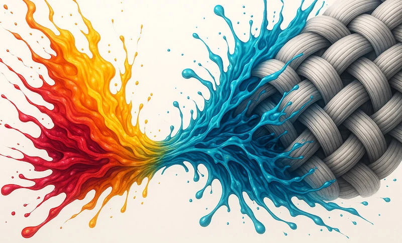 Thermal transfer process where dispersed dye permeates polyester strands.