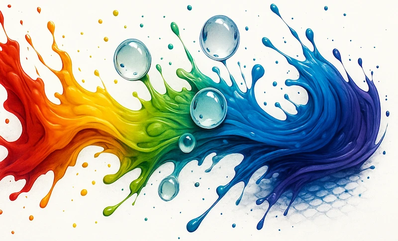 Color flow disrupted as water droplets break the movement of dye.
