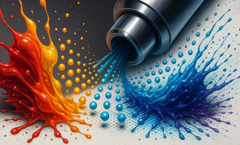 Uniform dye droplets flowing through print nozzles and landing in a tightly controlled pattern on transfer material.