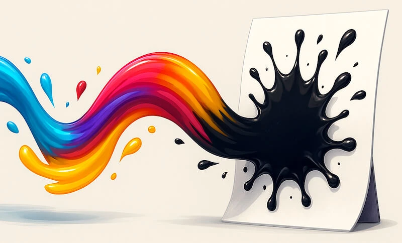 A dark design created from layered color dyes shows how blended formulas can shift toward warmer or cooler tones during heat transfer.