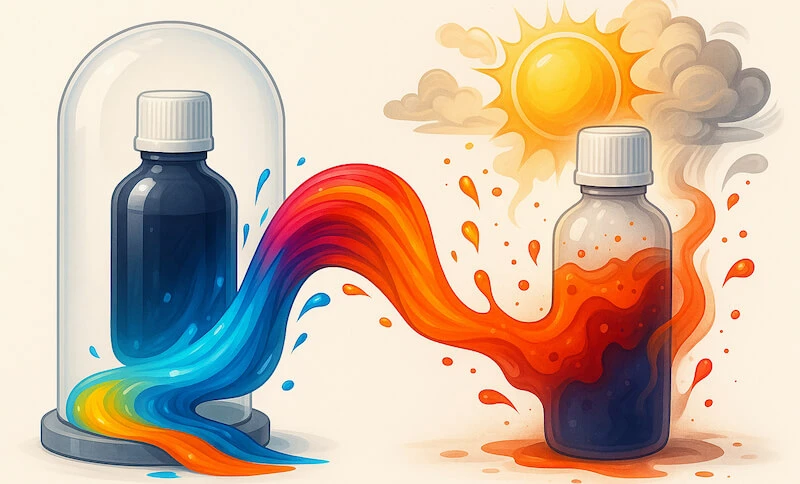 Bottles of dye-based ink in different environmental conditions, showing how stable surroundings help maintain fluid consistency and print readiness.