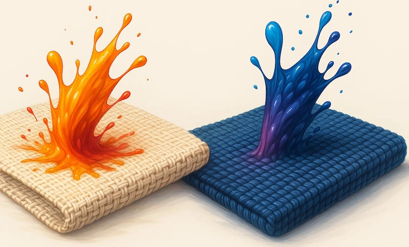 Two textile surfaces, one with a compact fiber arrangement and one with a loose pattern, showing how concentrated color forms where fibers are closer together while open areas produce softer detail.