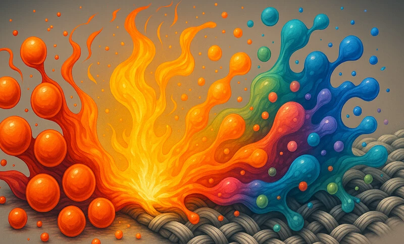 Solid color particles absorbing heat energy and expanding into free-moving vapor that enters synthetic fibers.