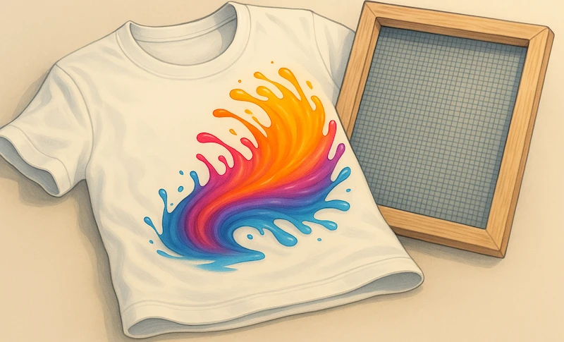 Screen printing mesh screen placed beside a printed T-shirt, illustrating how mesh count influences ink detail and print quality.