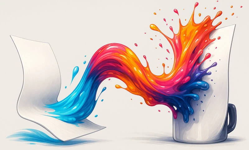 A thin flexible transfer sheet and a thicker rigid sheet shown side by side, with flowing color demonstrating how pliable sheets suit textiles while firm sheets support solid items.