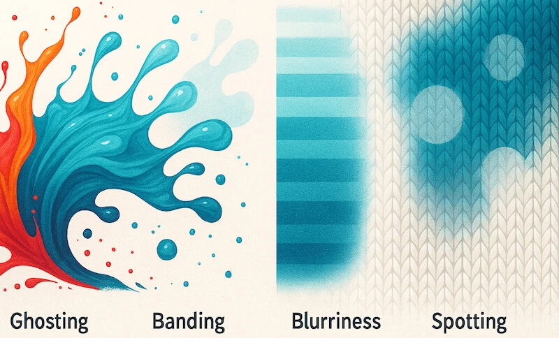 Color flow transforming into several defect patterns including double-image shadowing, streak lines, softened detail, and scattered light patches on fabric.